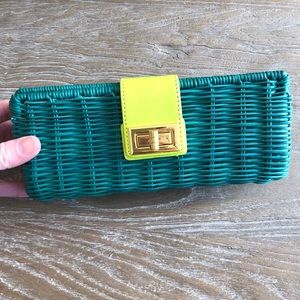 JCrew Factory Green Straw & Patent Leather Clutch